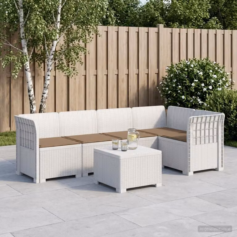 Set da giardino vidaXL a forma di L con divano da 5 posti, tavolino e cuscini in polyrattan bianco e beige