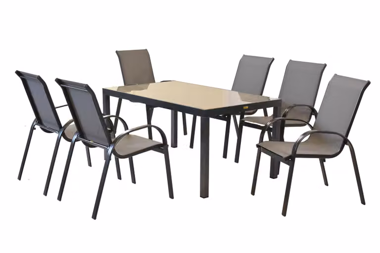 Set di mobili da giardino Merxx Amalfi grafite 7 pezzi, 6 sedie impilabili, 1 tavolo 150 x 90 cm - alluminio/tessuto
