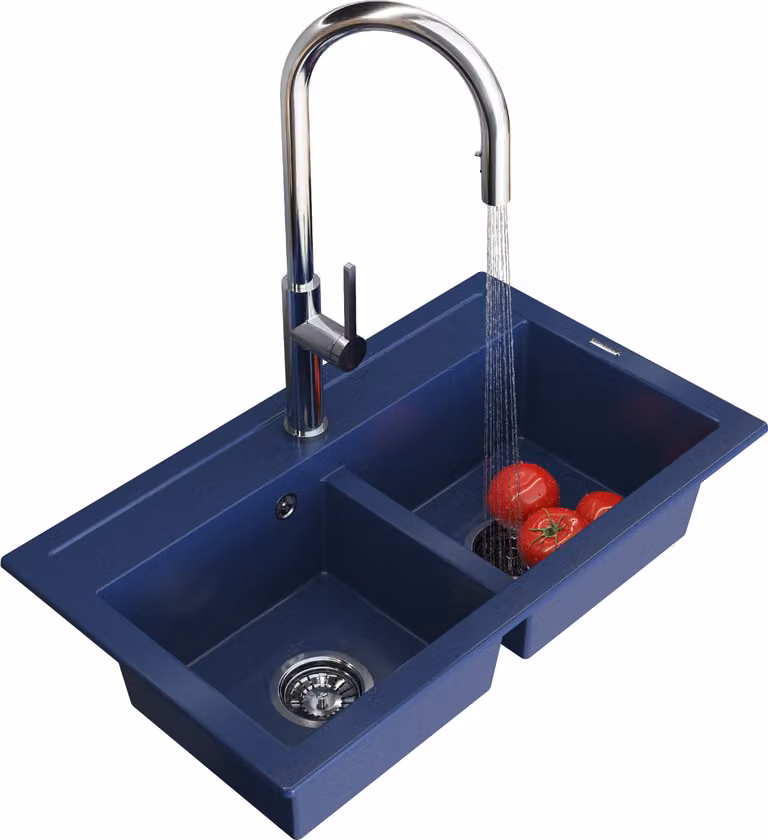 Granitan - Lavello in granito - Lavello da cucina - 2 vasche - 75x45 cm - Blu - con rubinetteria PRATI e sifone - DUET