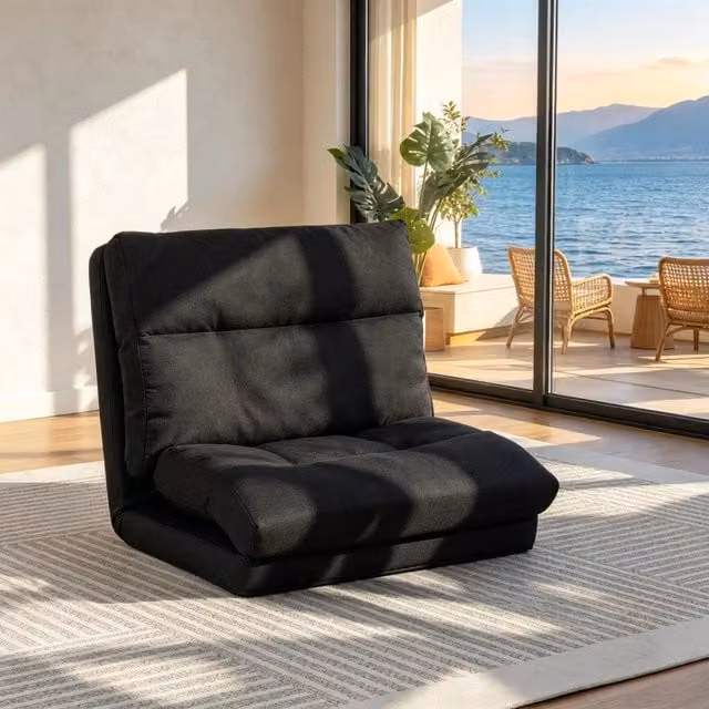 Poltrona relax reclinabile pieghevole MIVRAY in tessuto nero con struttura in metallo e schienale regolabile
