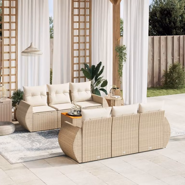 Set Divani da Giardino vidaXL 7 Pezzi con Cuscini Beige e Tavolino, Struttura in Acciaio e Polyrattan per Terrazza e Giardino