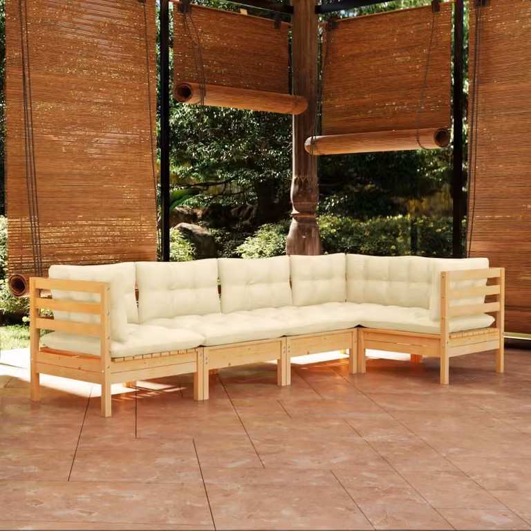 The Living Store Set salotto da giardino 5 pezzi con cuscini crema legno di pino
