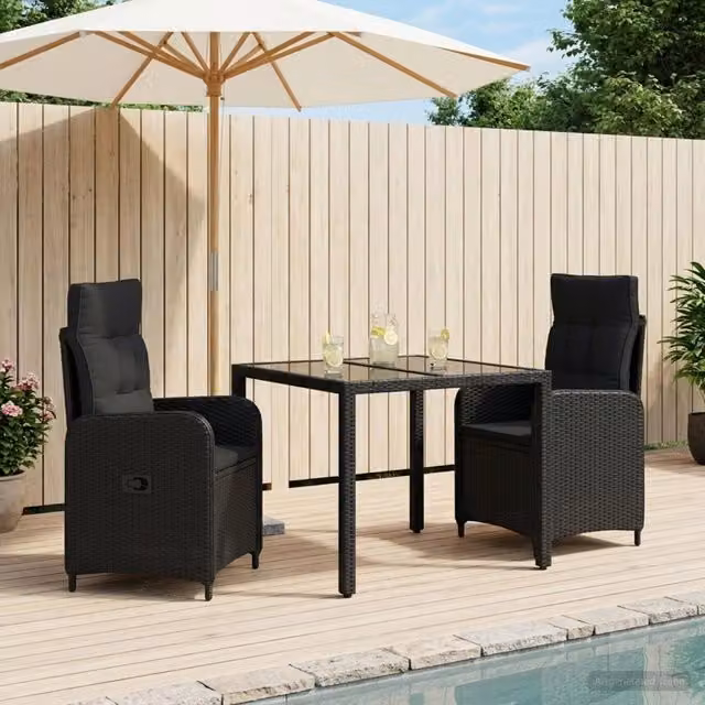 Set da pranzo per esterni moderno vidaXL in polyrattan nero con tavolo in vetro
