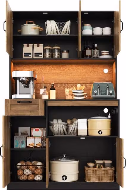 Armadio dispensa alto da cucina con 6 ante; cassetto e LED RGB; MDF; 110 x 40 x 180 cm