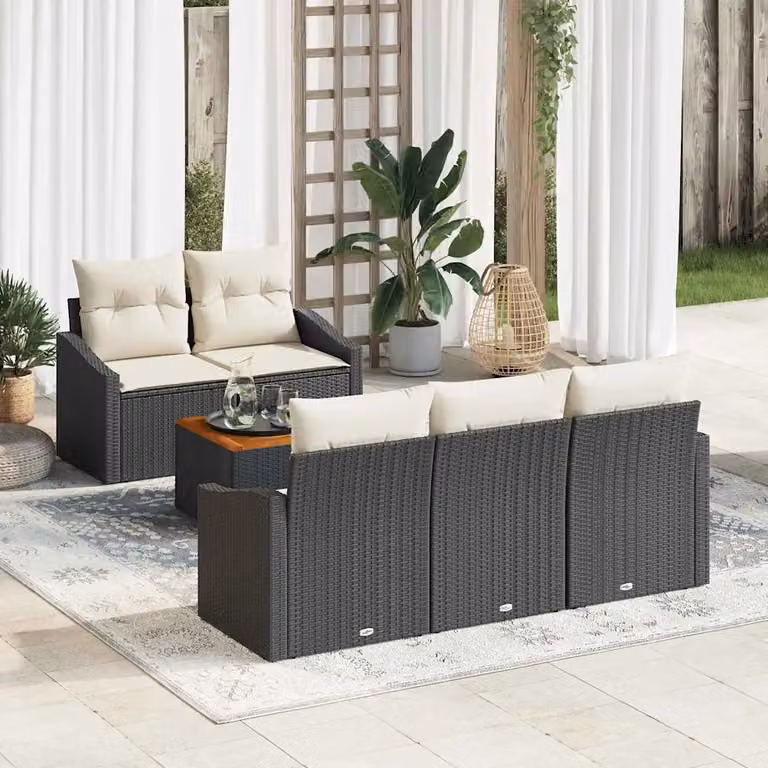 Set Divano da Giardino vidaXL 6 Pezzi Moderno in Polyrattan Nero con Cuscini e Tavolino da Caffè