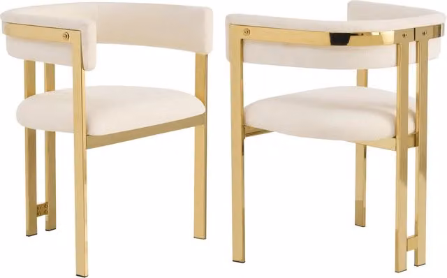 Set di 2 sedie da pranzo beige con gambe metalliche dorate, in tessuto chenille, stile moderno