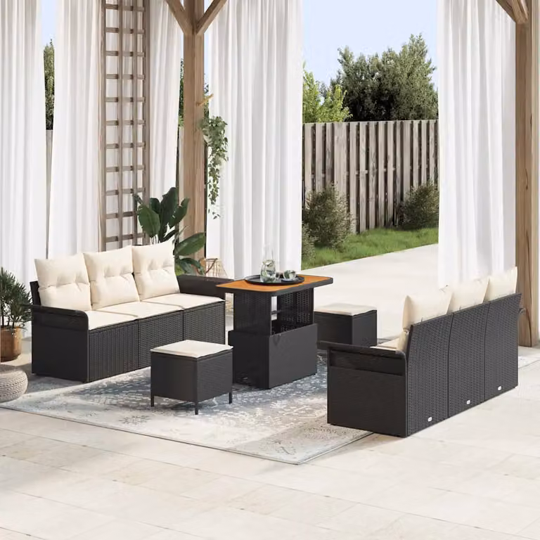 Set Divano da Giardino vidaXL in Polyrattan Nero con Cuscini e Tavolino da 9 Pezzi