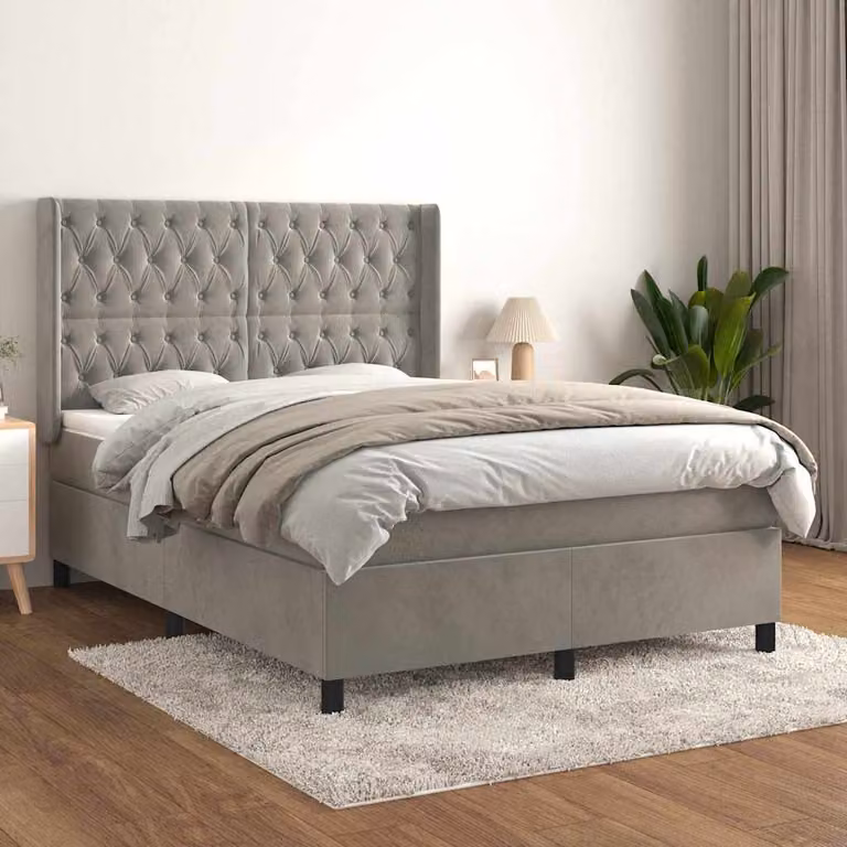 vidaXL Giroletto a Molle con Materasso Ibrido in Velluto Grigio Chiaro L/P/H: 140 x 190 cm