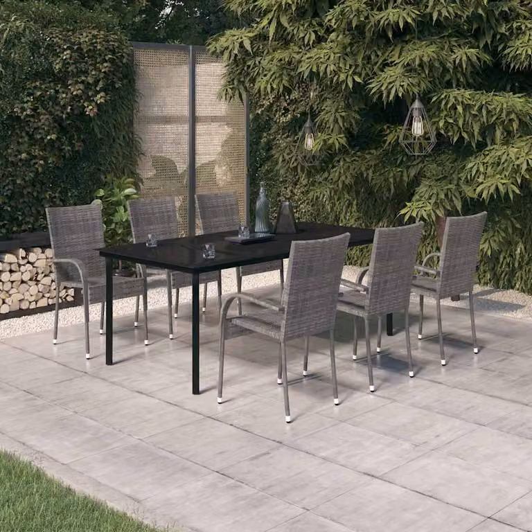 Set da pranzo da giardino vidaXL in polyrattan con tavolo in vetro e 7 pezzi, colori grigio e nero