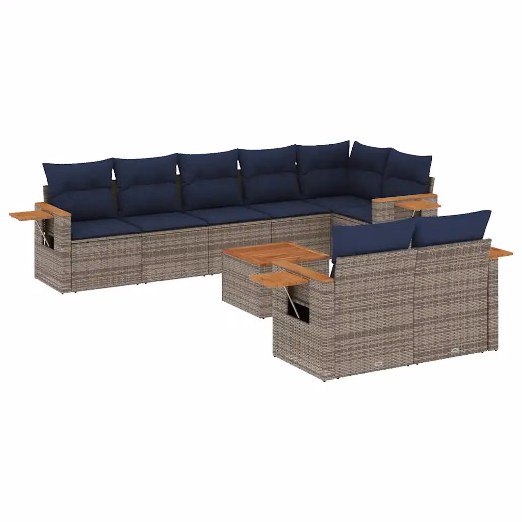 Set di divani da giardino vidaXL a forma di L composto da 9 pezzi con cuscini in polyrattan e tessuto resistente ai raggi UV, colore grigio e blu – 2