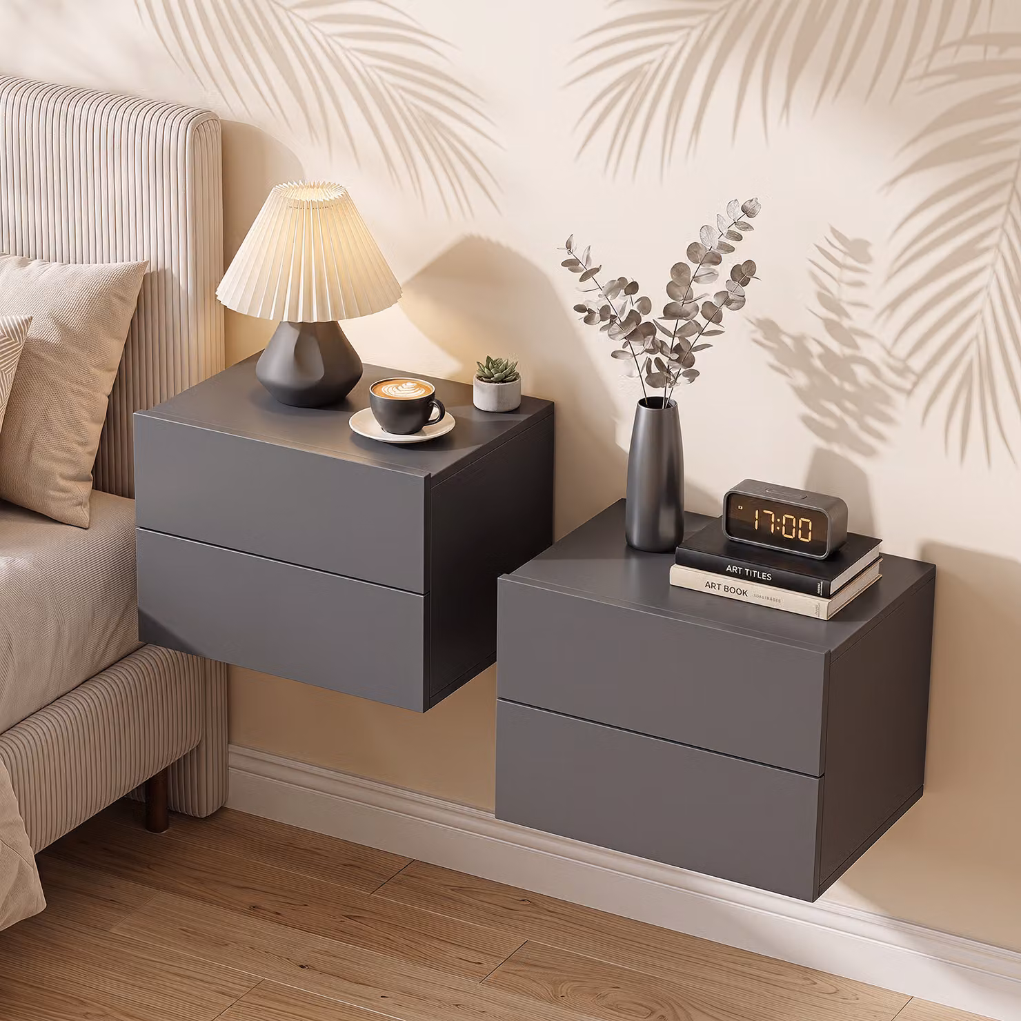 Set di 2 comodini sospesi Costway con 2 cassetti, cassettiere salvaspazio moderne in MDF per camera da letto, soggiorno, studio o ingresso, Grigio