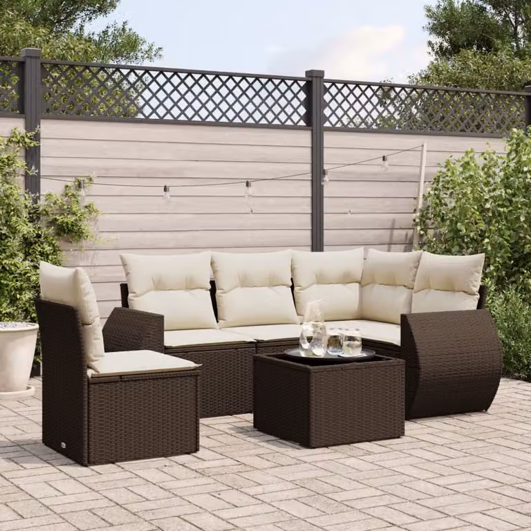 vidaXL Set Divano da Giardino a L 6 pz con Cuscini Marrone e Bianco in Polyrattan e Metallo
