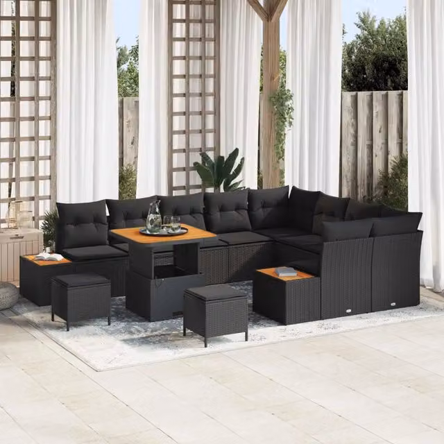 Set Divano da Giardino vidaXL a forma a U in Polyrattan Nero con Cuscini e Tavolino da Esterno