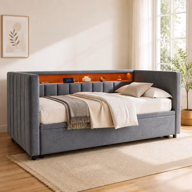 Letto estraibile moderno in velluto grigio con illuminazione LED, porta USB-C e vani laterali, L/P/H: 90 x 190 cm