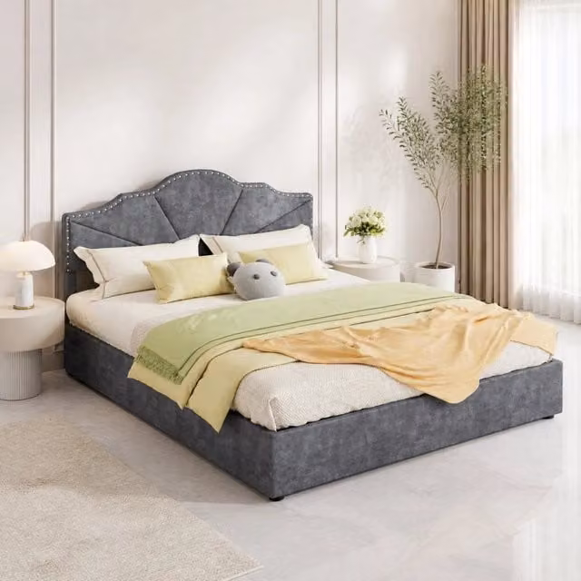 Letto matrimoniale 160x200 cm in tessuto grigio con testiera geometrica e struttura in metallo