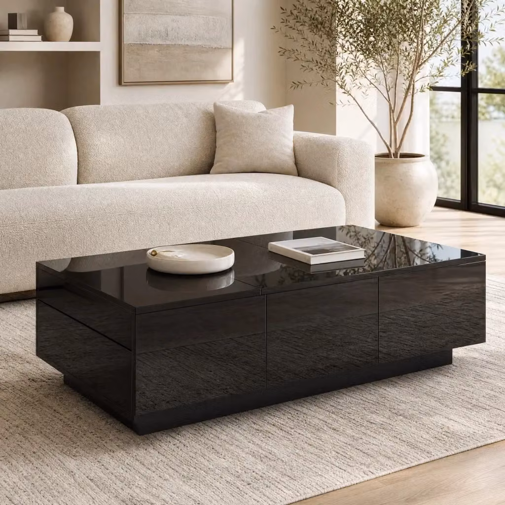 Tavolino da salotto moderno REDOM nero lucido L/P/H: 100 x 31 x 50 cm – 2