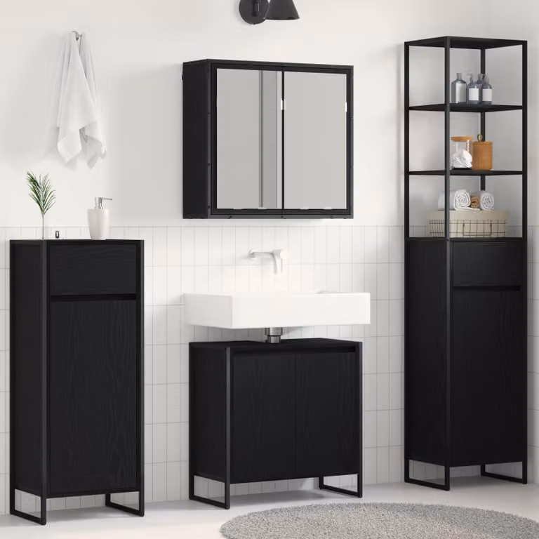 Set di mobili per il bagno moderno vidaXL in legno e metallo nero con armadietto specchio e mobile lavabo con illuminazione LED