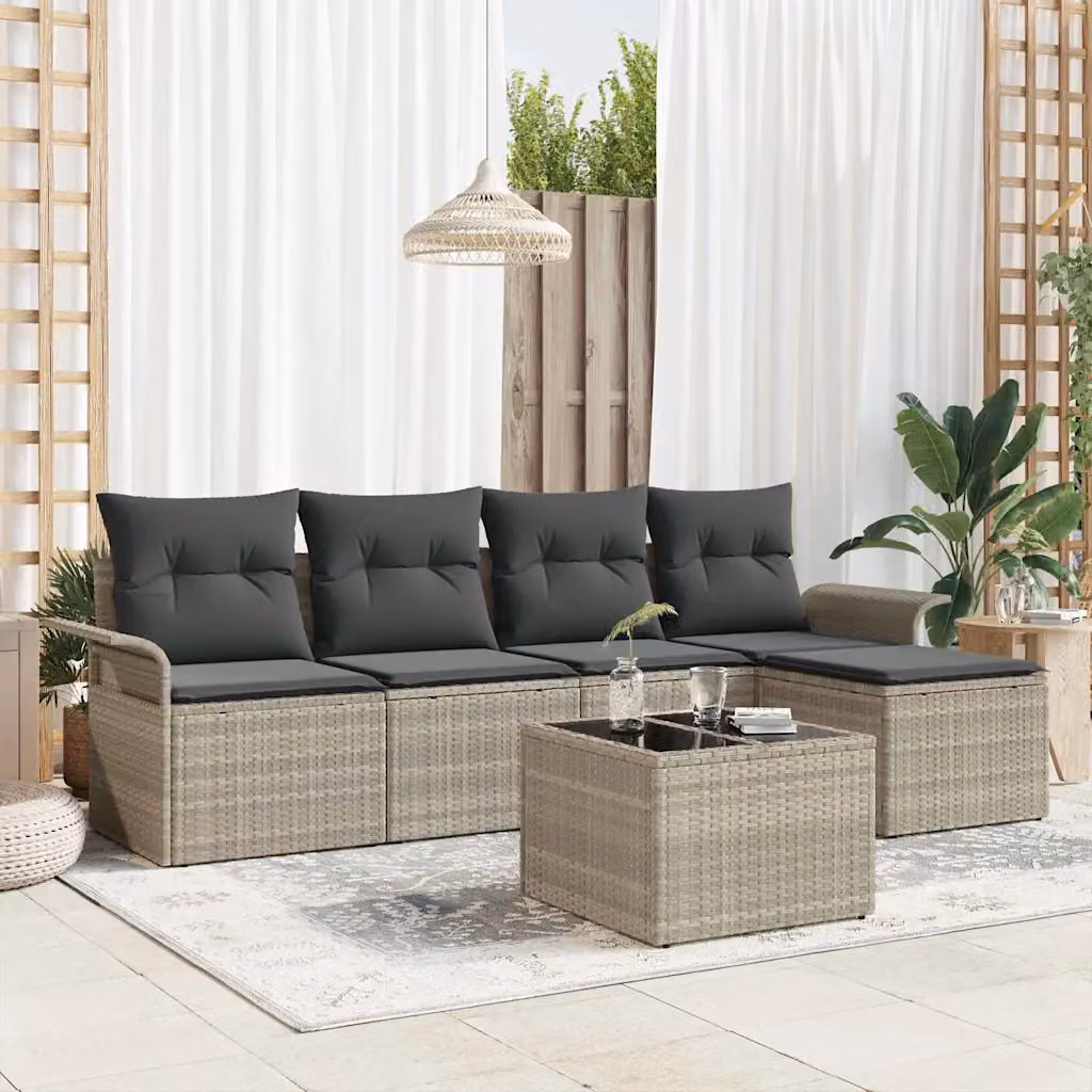 Set da esterno vidaXL in polyrattan grigio con cuscini e struttura in metallo – 1
