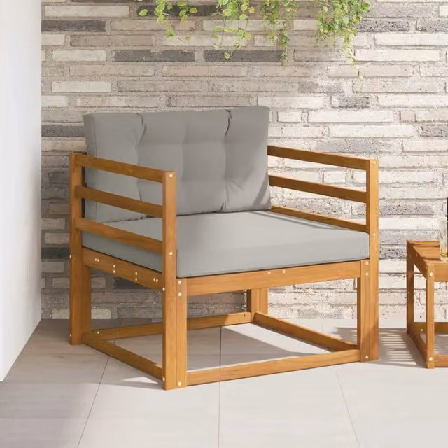 Divano centrale componibile per esterno in legno di acacia con cuscini inclusi, colore naturale e grigio