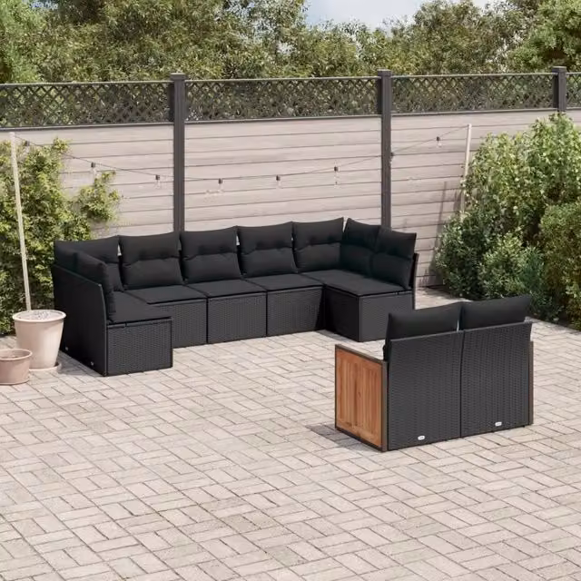 Set Divani da Giardino 9 pz con Cuscini Nero in Polyrattan 3227966