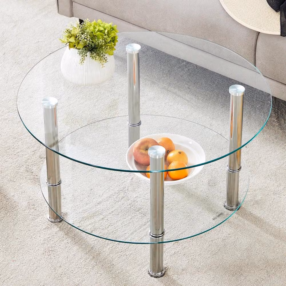 Tavolino da caffè in vetro - 2 ripiani - Struttura in metallo - Ampio - Design minimalista - Argento - Trasparente
