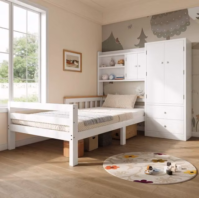Letto singolo per bambini 90x200 cm con armadio, cassetti e mensole aperte, struttura bianca salvaspazio