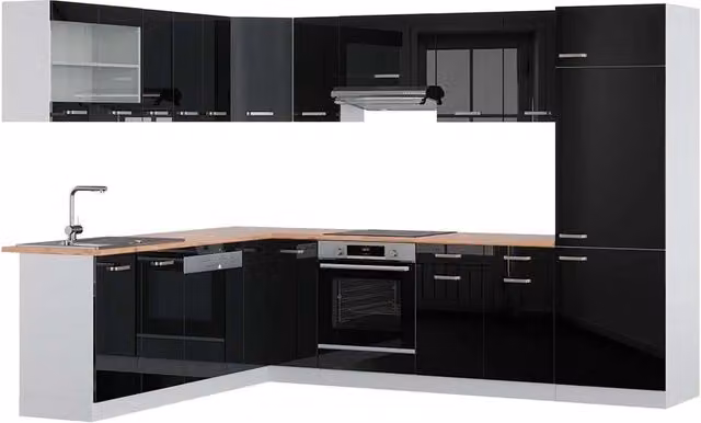 Cucina angolare moderna Vicco R-Line in legno e metallo, Nero lucido/Bianco/Grigio con dettagli Rovere, L: 287 cm x P: 60 cm x H: 206,8 cm