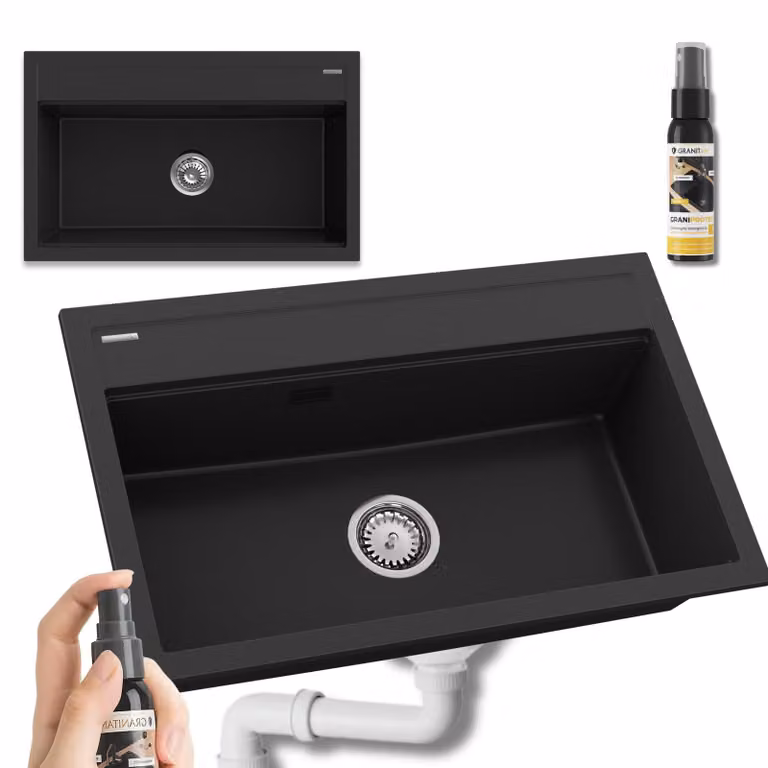 Granitan - Lavello in granito - Lavello da cucina - 80x50 cm - Nero - Lavello - ASTI