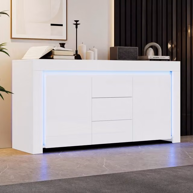 Credenza moderna WISHDOR per soggiorno e ufficio, finitura bianca lucida con illuminazione integrata e cassetti soft-close, L 140 x P 40 x H 65 cm – 1