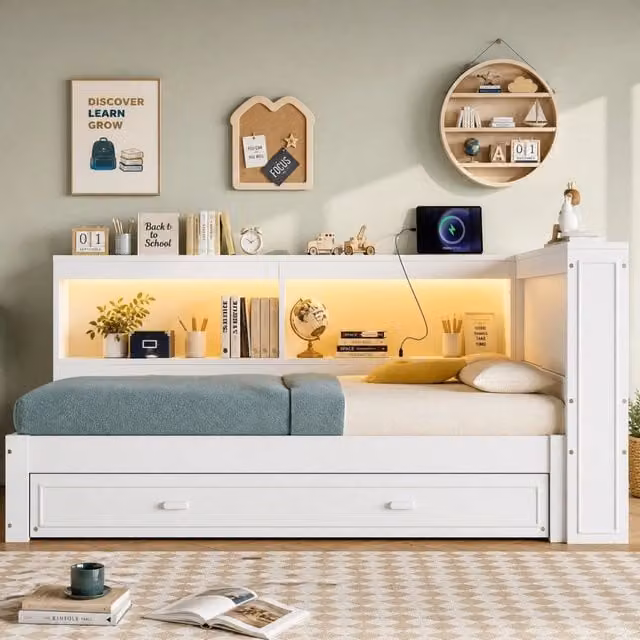Daybed 90x200 cm con letto estraibile; LED; presa; USB e Type-C; bianco