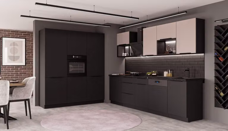 Cucina SIENA + ARONA LOFT 280 + 180 cm, cucina a incasso, blocco cucina, beige cashmere + nero opaco