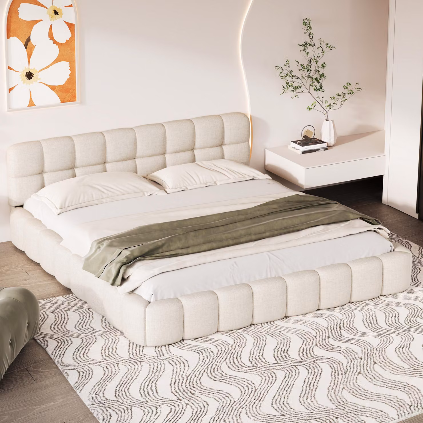 UnboxG Letto imbottito 140 x 200 cm, letto per ragazzi, letto matrimoniale con schienale morbido, letto piano con struttura imbottita, rete a doghe in lino