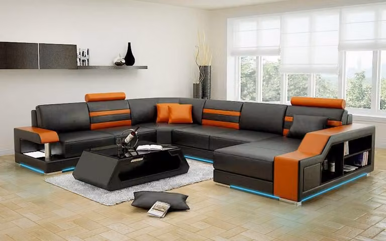 Design Sofa Ecksofa Wohnlandschaft mit Regal Polster Sitz Garnitur Ledersofa USB