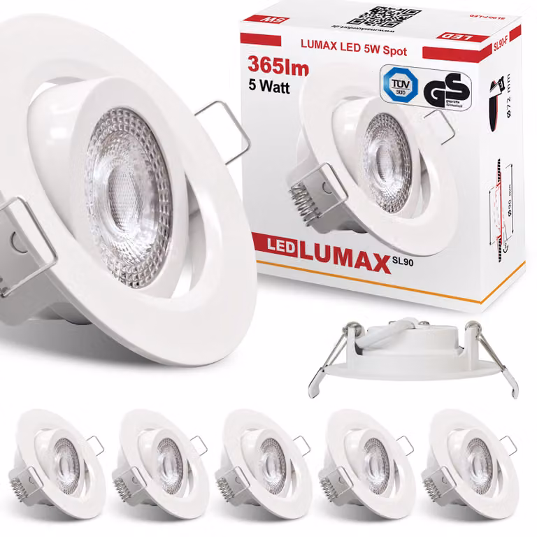 6 faretti LED da incasso, dimmerabili, ultrapiatti, 5 Watt, bianco, orientabili, 230V, rotondi, luce bianco caldo, IP20. Plafoniera, faretto da soffitto, Lumax SL-90