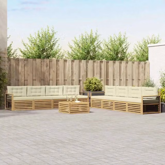 Set da giardino moderno vidaXL composto da 9 pezzi con divani, tavolino da caffè e cuscini in tessuto bianco e beige con struttura in legno di acacia