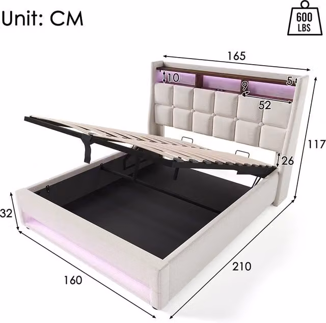 Lit 160x200 cm - Xylo - Rimbottito USB LED - Senza materasso Beige
