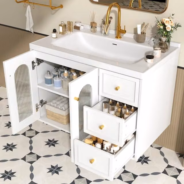 Mobile bagno sospeso 80 cm con lavabo in ceramica, MDF, 2 cassetti e anta vetro semitrasparente con ripiani regolabili, grande capacità