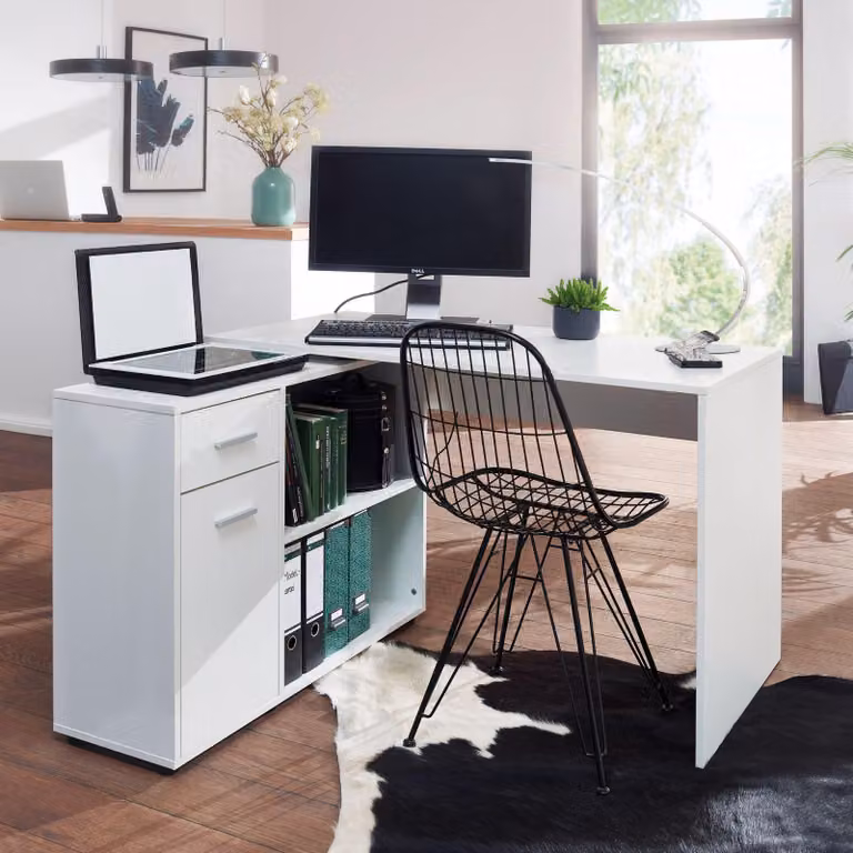 FineBuy Design Scrivania angolare bianca con scaffale 120 cm Scrivania da ufficio moderna Scrivania per computer Scrivania da studio Scrivania angolare per l'ufficio domestico