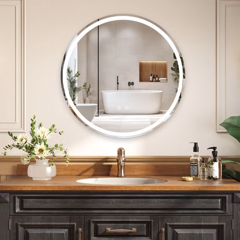 Specchio da bagno rotondo Costway con LED regolabile, vetro temperato anti-appannamento e comando touch, design moderno, Diametro: 80 cm
