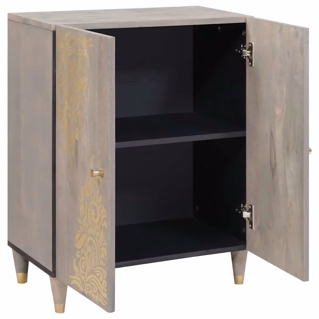 Credenza moderna vidaXL in legno di mango con decoro floreale, Grigio e Oro, L: 60 cm, P: 33 cm, H: 75 cm – 2