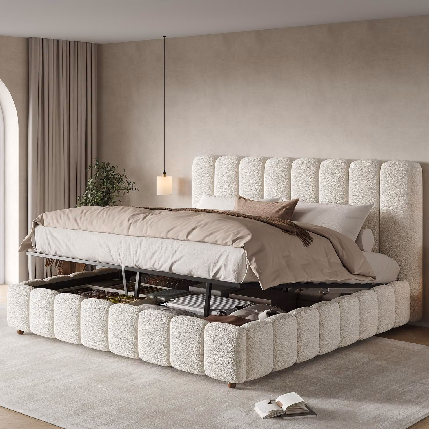 Letto imbottito 200x200 cm con spazio contenitore a sollevamento idraulico, rete a doghe, testiera in tessuto bouclé, gambe in legno massello, capacità di carico fino a 300 kg, colore bianco