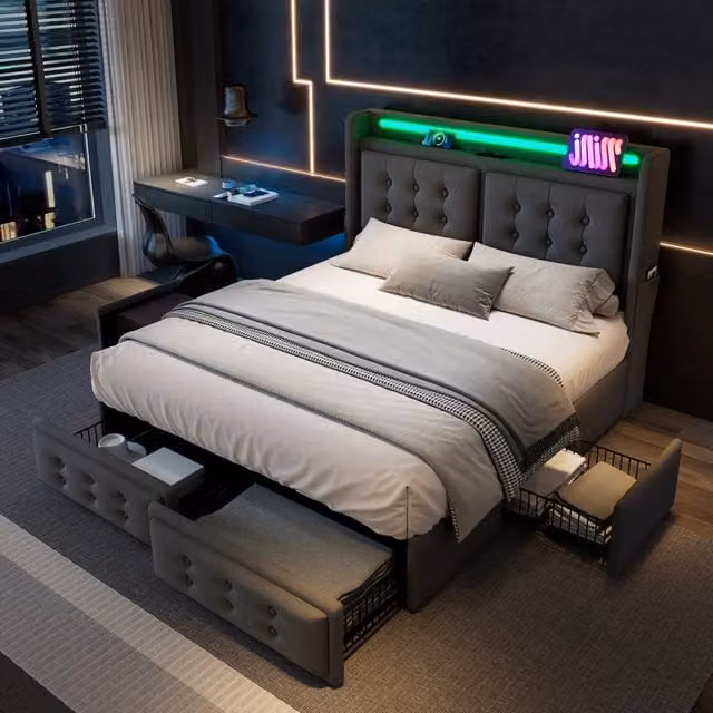 Letto matrimoniale imbottito 140 × 200 cm con LED, porte USB e Type-C, 4 cassetti, rete a doghe e struttura in metallo