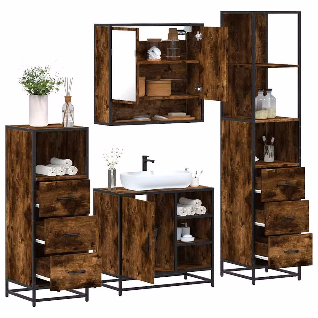 Set di mobili da bagno industrial vidaXL in legno e metallo marrone composto da 4 pezzi con armadietto specchio, mobile lavabo, mobile laterale e colonna alta