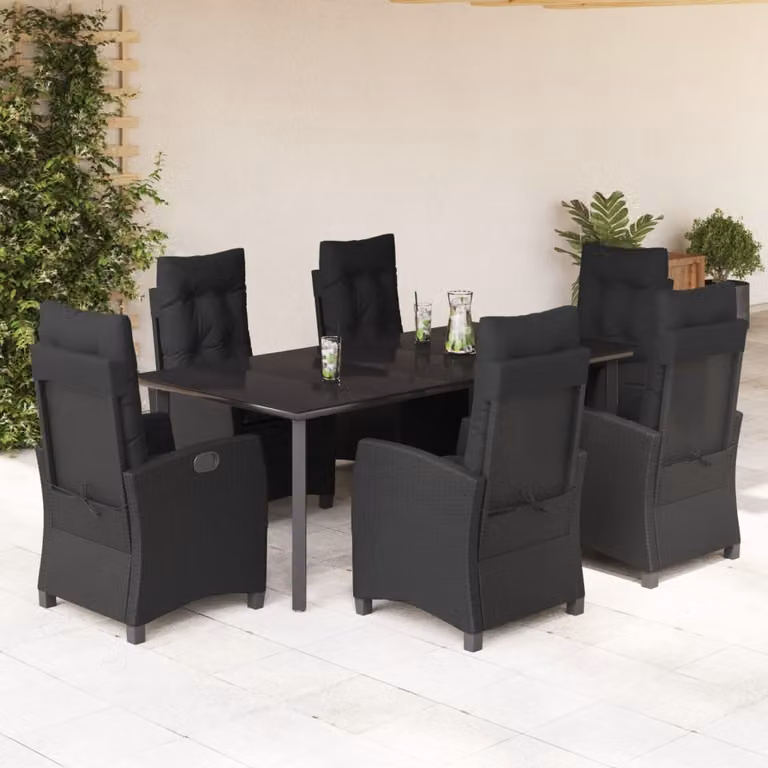 Set da Pranzo da Giardino vidaXL 7 pz in Polyrattan Nero con Piano in Vetro