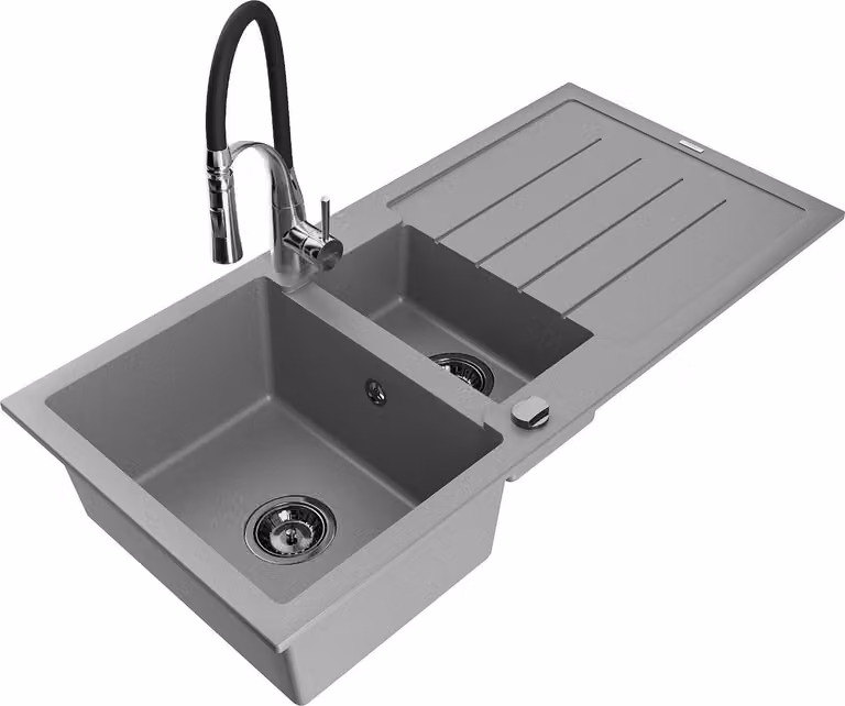 Mexen Andres lavello in granito 1,5 vasche con sgocciolatoio e miscelatore cucina Aster, grigio - 6515-71-73450-07-B