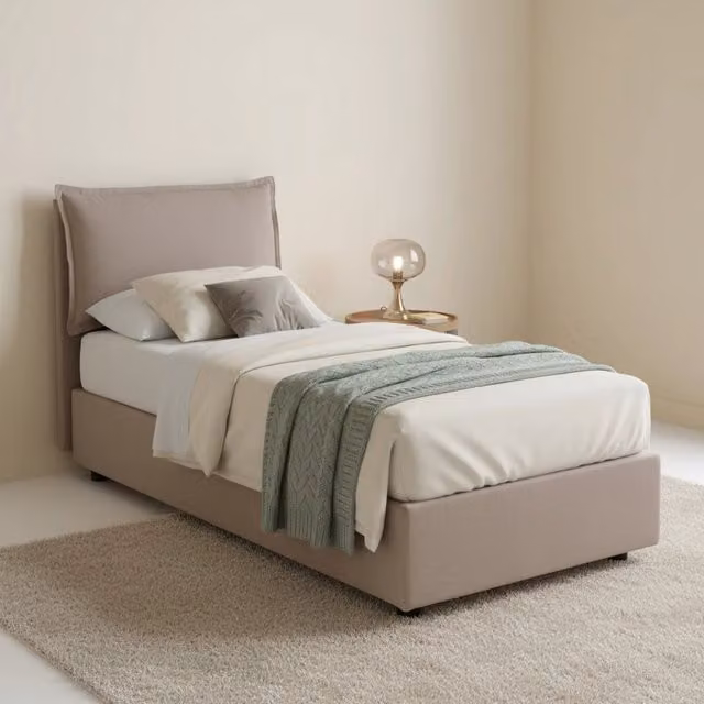 Letto singolo contenitore Talamo Italia con rivestimento in tessuto beige, apertura frontale, adatto per materasso 80x190 cm