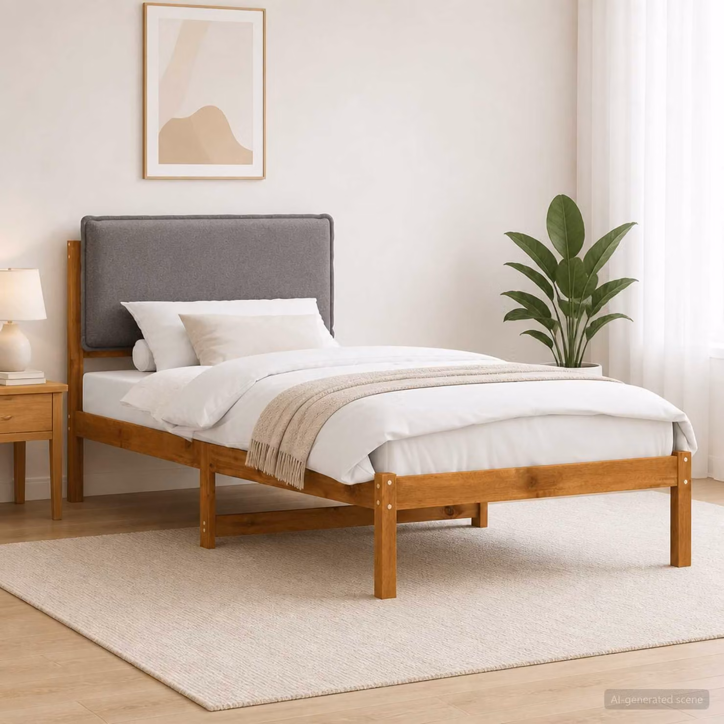 Letto con Testiera Rivestita vidaXL in Legno di Acacia Naturale e Grigio Chiaro L: 140 cm, P: 85 cm, H: 81 cm