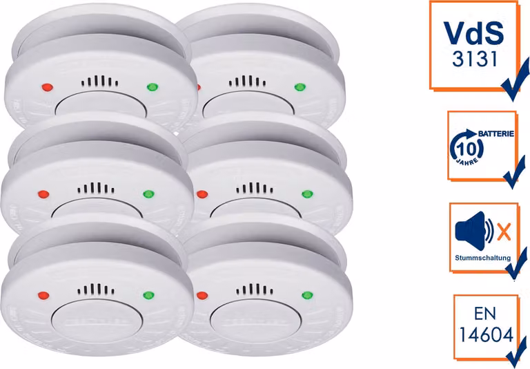 set di 6 rilevatori di fumo con batteria da 10 anni, VdS + funzione mute