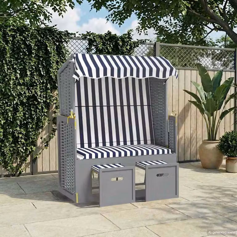 vidaXL Strandkorb in Polyrattan con struttura in legno di abete e tendalino, Blu, Bianco e Grigio a righe con cuscini inclusi