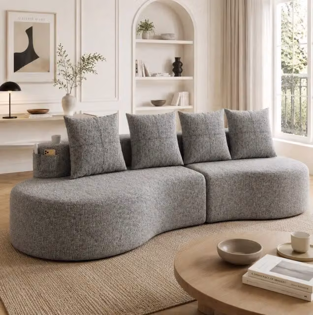 Divano ULEVR 240x109x60 cm in lino grigio chiaro con 4 cuscini, portabicchieri e tasche laterali